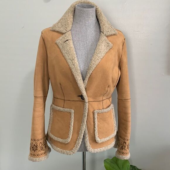 Telluride Clothing Co Camel Faux Shearling Coat With Embroidery At Cuffs Size M - Picture 1 of 17
